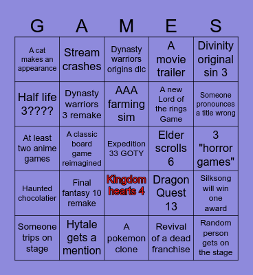 Game Awards 2025 Bingo Card