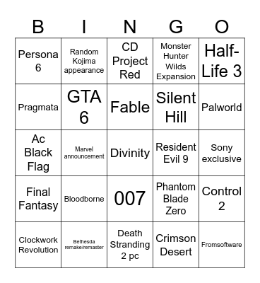 TGA2025 Bingo Card