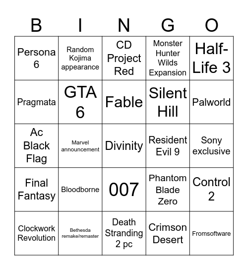 TGA2025 Bingo Card