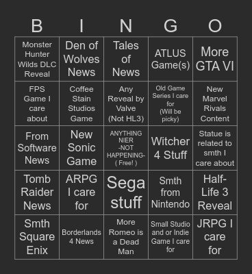 TGA Bingo Card