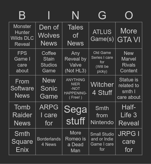 TGA Bingo Card