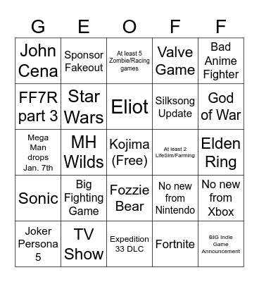 Game Awards 2025 Bingo Card
