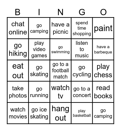free time activities tb 4 unit 2 Bingo Card