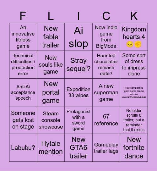 Game Awards Bingo Card
