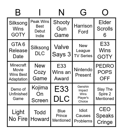 The Game Awards 2025 Bingo Card