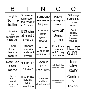 The Game Awards 2025 Bingo Card