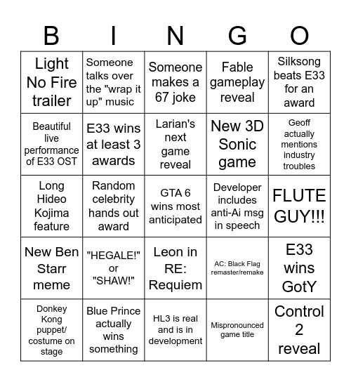 The Game Awards 2025 Bingo Card