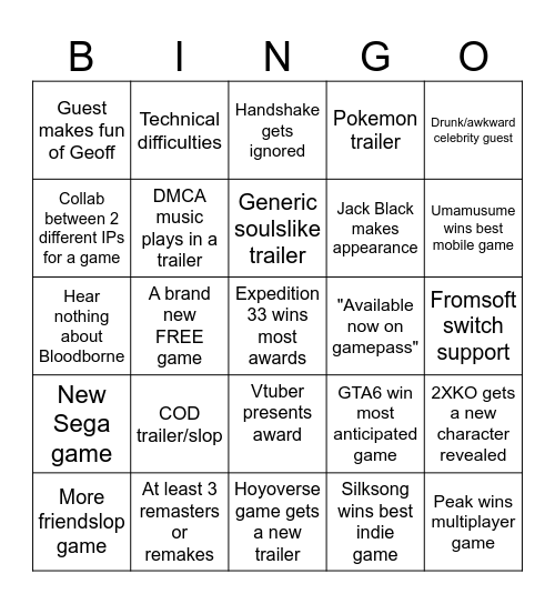Game Awards Bingo Card
