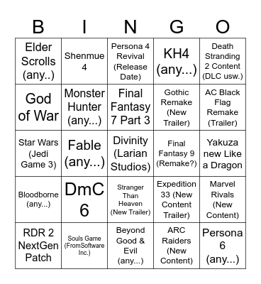 Game Awards 2025 Bingo Card