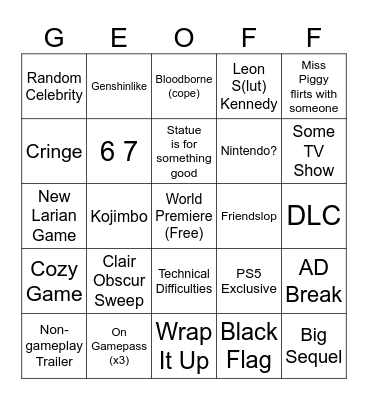 Game Awards Bingo Card