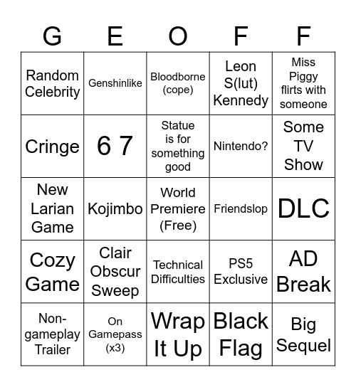Game Awards Bingo Card