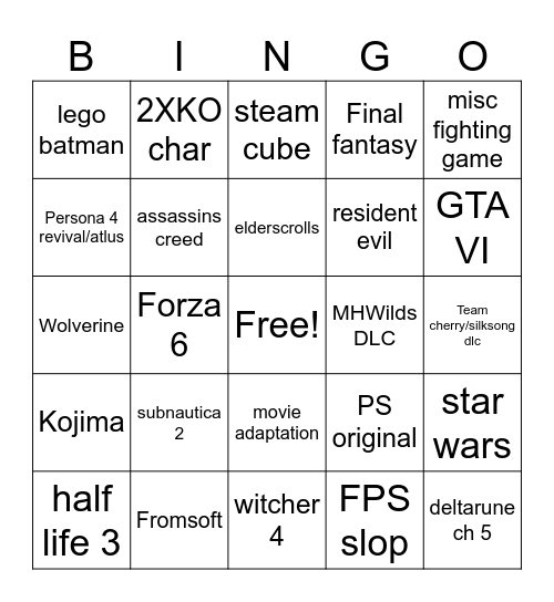 Game award show Bingo Card