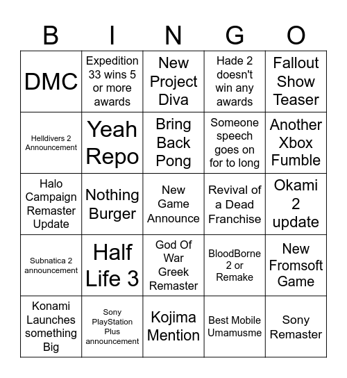 Game Awards Bingo Card
