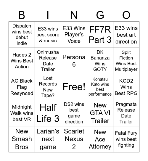 TGA 2025 Bingo Card