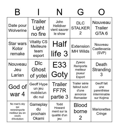 Game awards Bingo Card