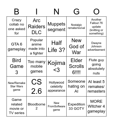 Game Awards 2025 BINGO Card
