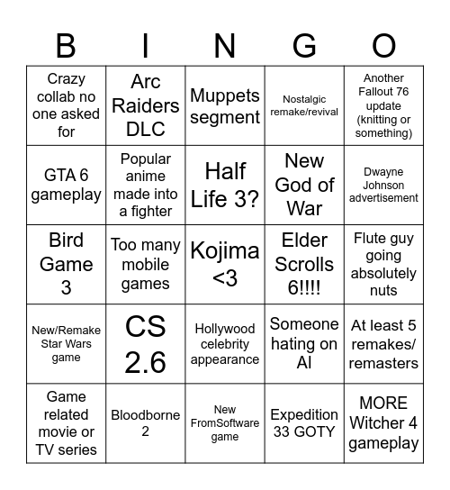 Game Awards 2025 BINGO Card