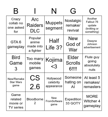 Game Awards 2025 BINGO Card