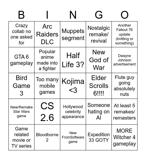 Game Awards 2025 BINGO Card