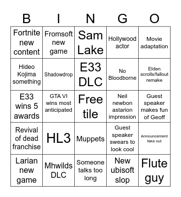 Game Awards Bingo Card