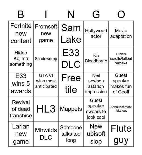Game Awards Bingo Card