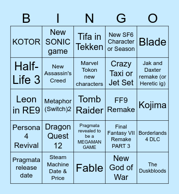 Game Awards 2025 Bingo Card