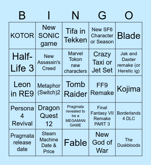 Game Awards 2025 Bingo Card
