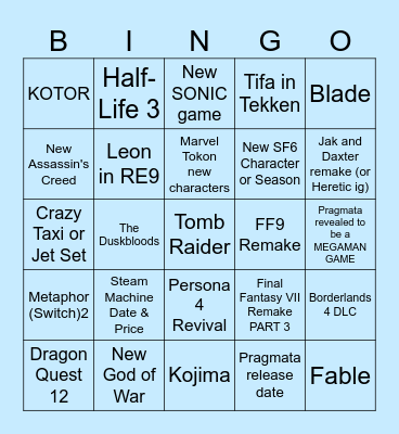 Game Awards 2025 Bingo Card