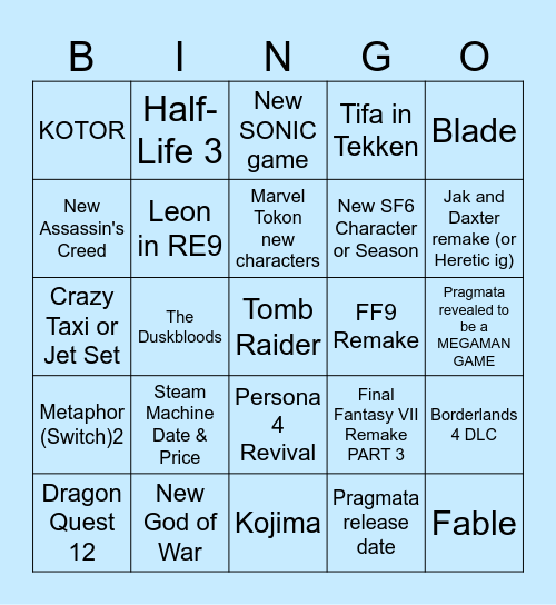 Game Awards 2025 Bingo Card