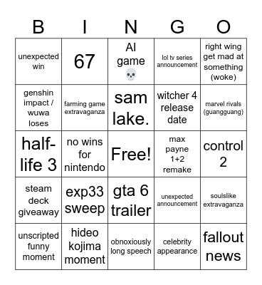 game awards bingo Card