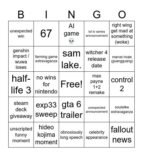 game awards bingo Card