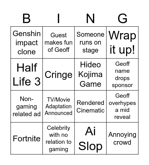 Game awards Bingo Card