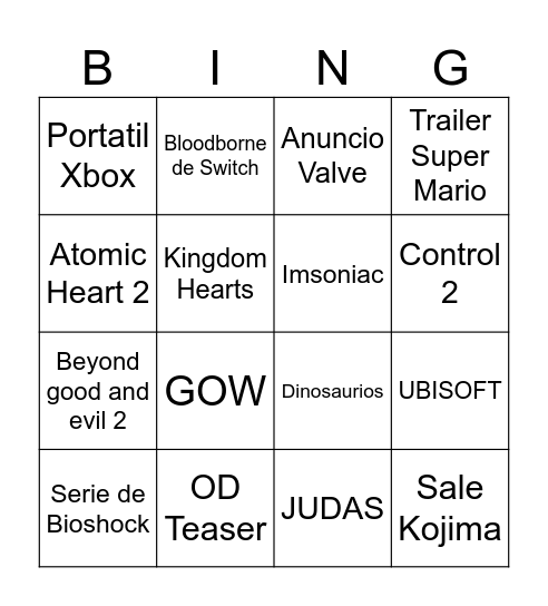 Game Awards 25 Bingo Card