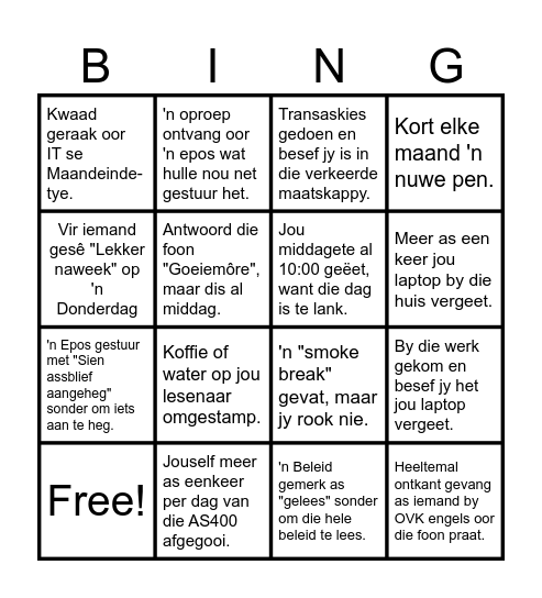 Finansies Bingo Card
