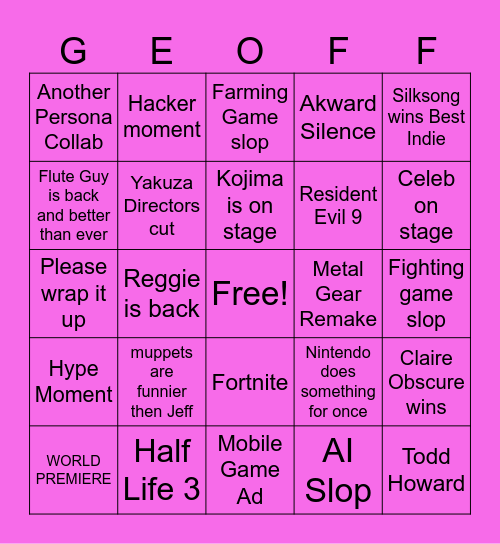 Game Akwards Bingo Card