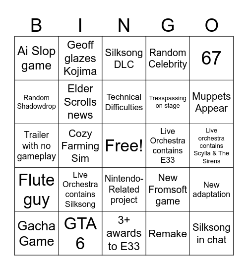 Game Awards 2025 Bingo Card