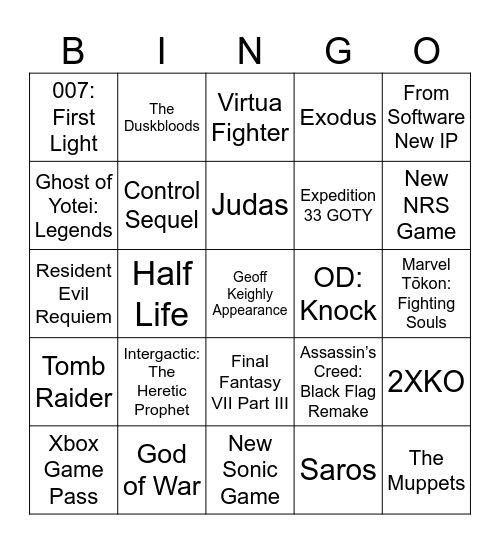 The Game Awards 2025 Bingo Card