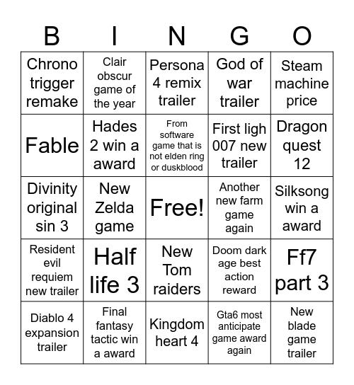 Game award 2025 Bingo Card