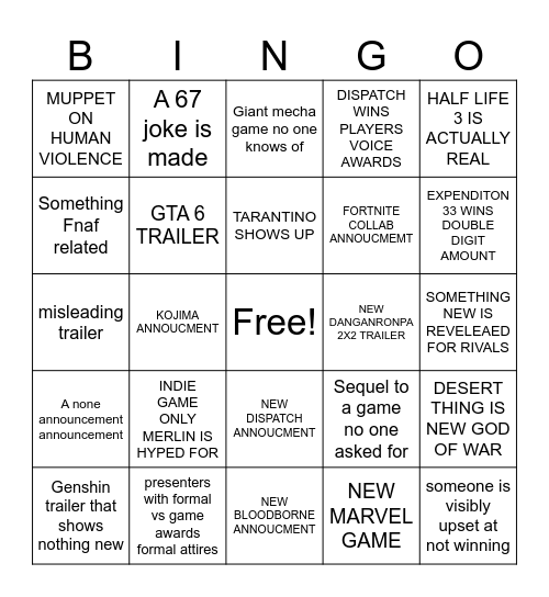GAME AWARDS BINGO Card