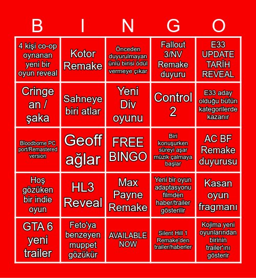 The Game Awards 2025 Bingo Card