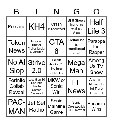 Reverse Game Awards Bingo Card