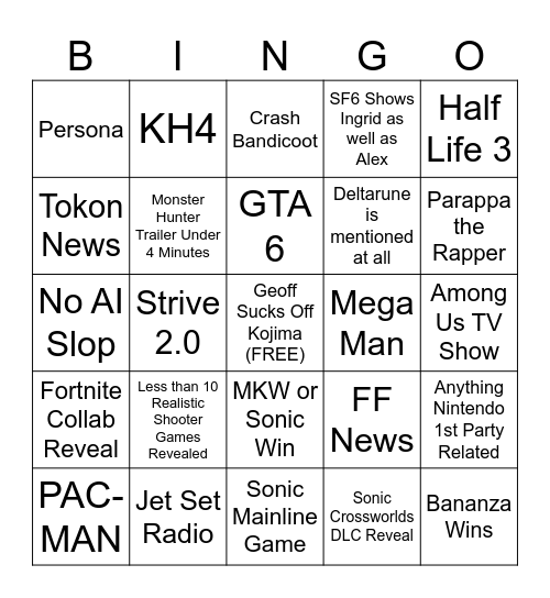 Reverse Game Awards Bingo Card