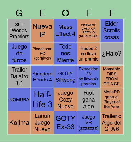 The Game Awards 2025 Bingo Card