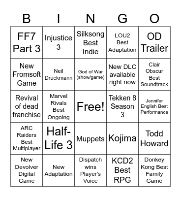 Game Awards Bingo Card