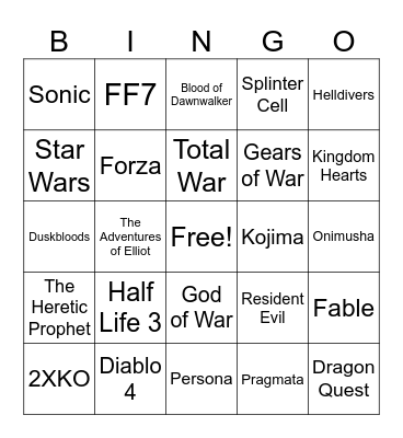 Game Awards Bingo Card