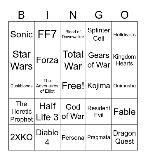 Game Awards Bingo Card