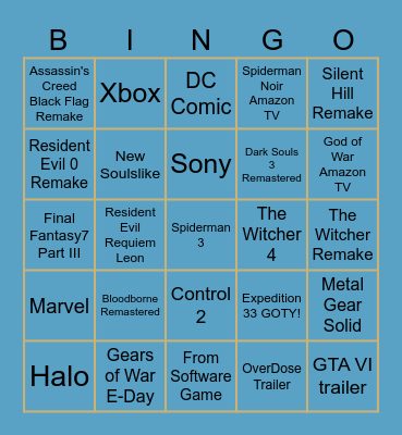 Game Awards 2025 Bingo Card