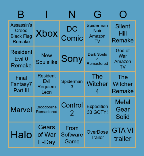 Game Awards 2025 Bingo Card