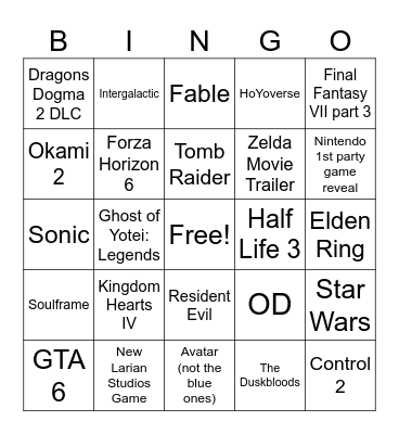 TGA Bingo Card