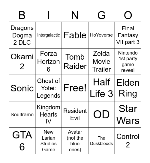 TGA Bingo Card